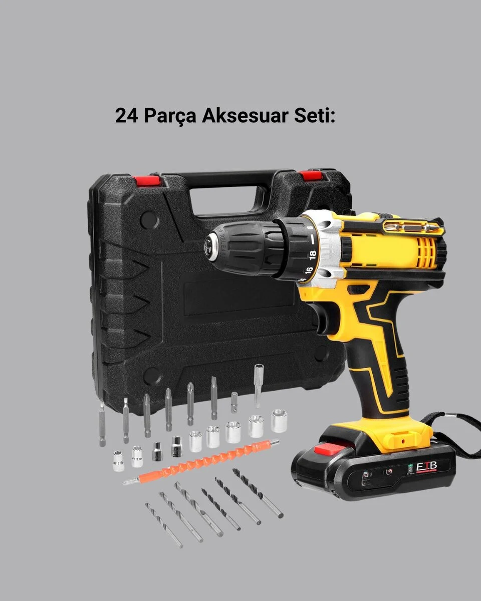 24 Parça Çift Bataryalı Akülü Darbeli Matkap – Güçlü Motor Metal Dişli LED Işıklı