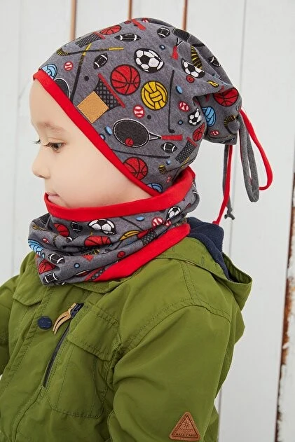 Babygiz Erkek Çocuk Füme Spor Bere Boyunluk Set Yumuşak Çift Katlı %100 Doğal Pamuklu Penye