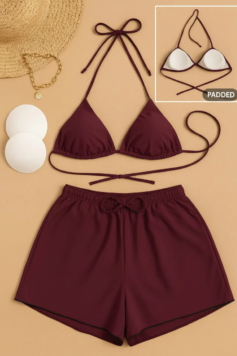 Kadın 3'lü Set Bordo Şortlu ve Yandan Bağlamalı Bikini Mayo Takımı