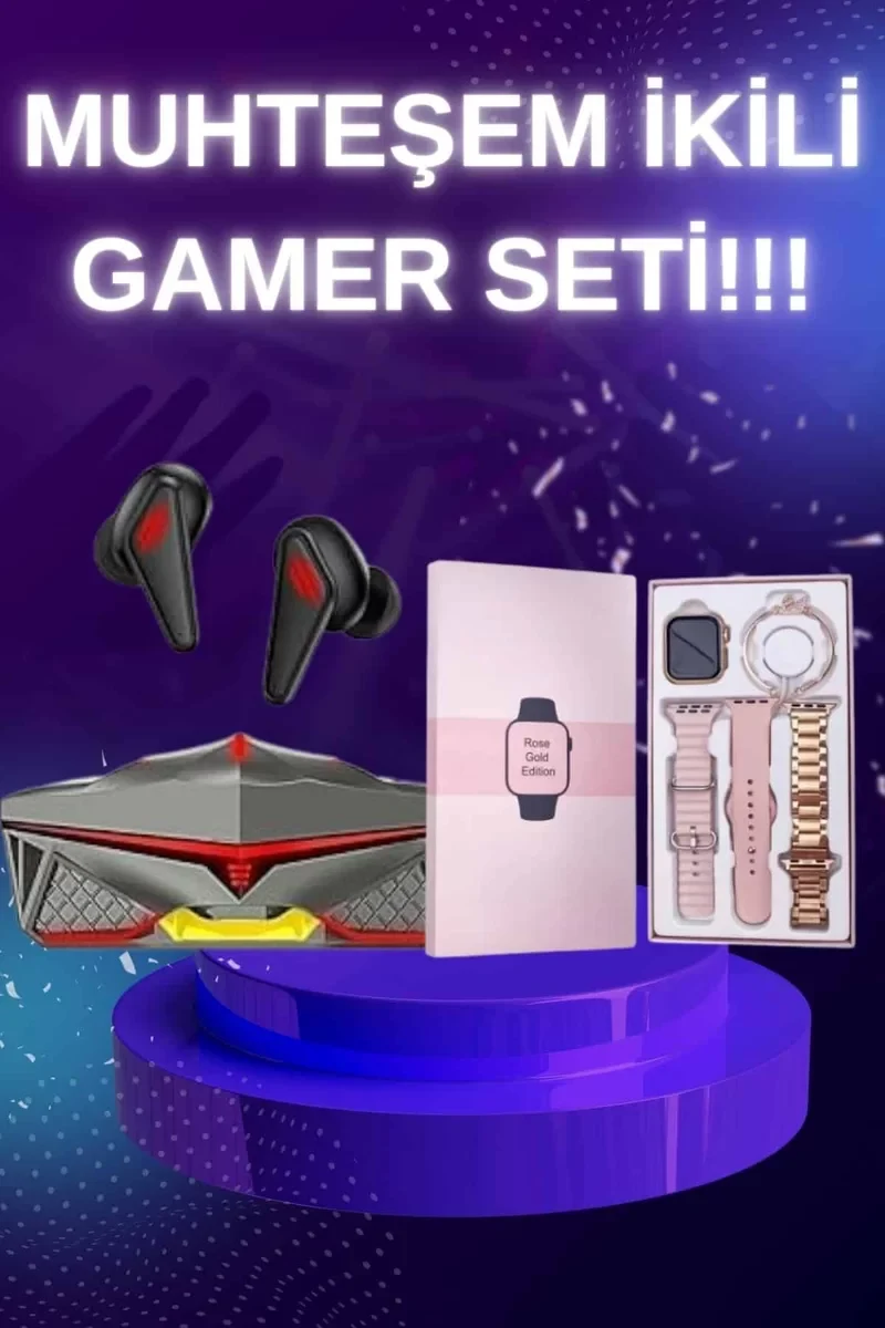 Yeni Nesil Pembe Dokunmatik Ekran Akıllı Saat ve Oyuncu Kulaklığı Kablosuz Bluetooth Kulaklık