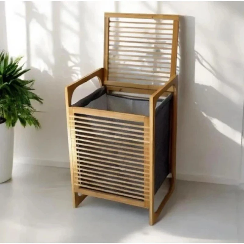 Orta Boy Ahşap Bambu Kirli Sepeti 40x35x60