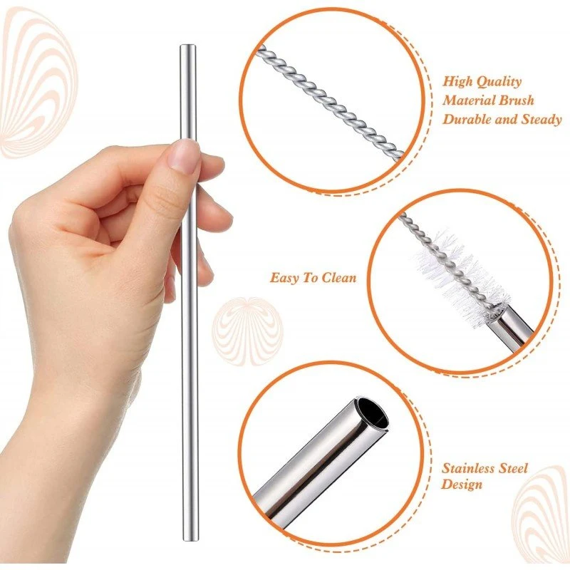 Ekstra Uzun Paslanmaz Çelik Pipet Seti – 3 Parça (Eğri + Düz + Fırça)
