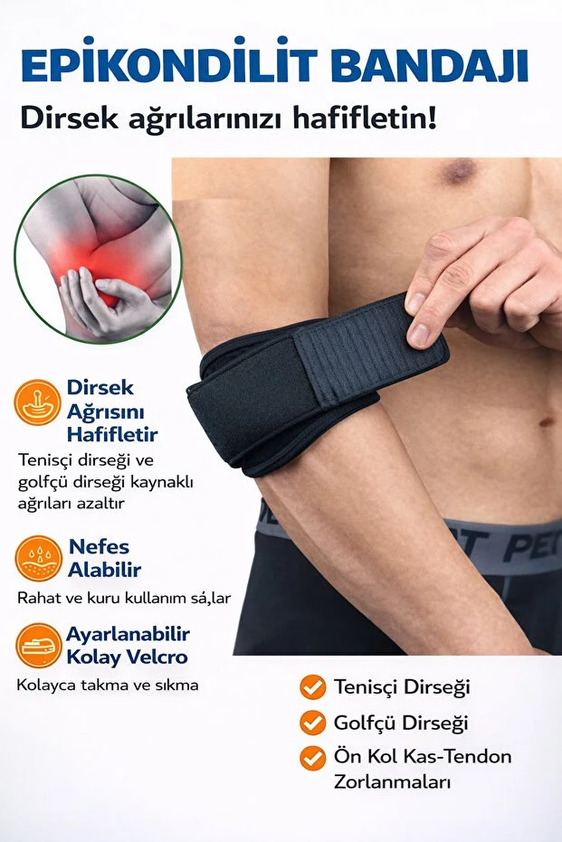 teknotrust Standart Epikondilit Bandajı Silikon Destekli Tenisçi Golfçü Dirseği Bandı Unisize Standart