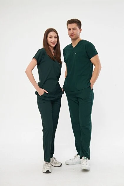 ÇİZGİ MEDİKAL Avcı Yeşili Lüks Likralı Greys Alt Üst Takım Doktor Hemşire Scrubs Üniforma