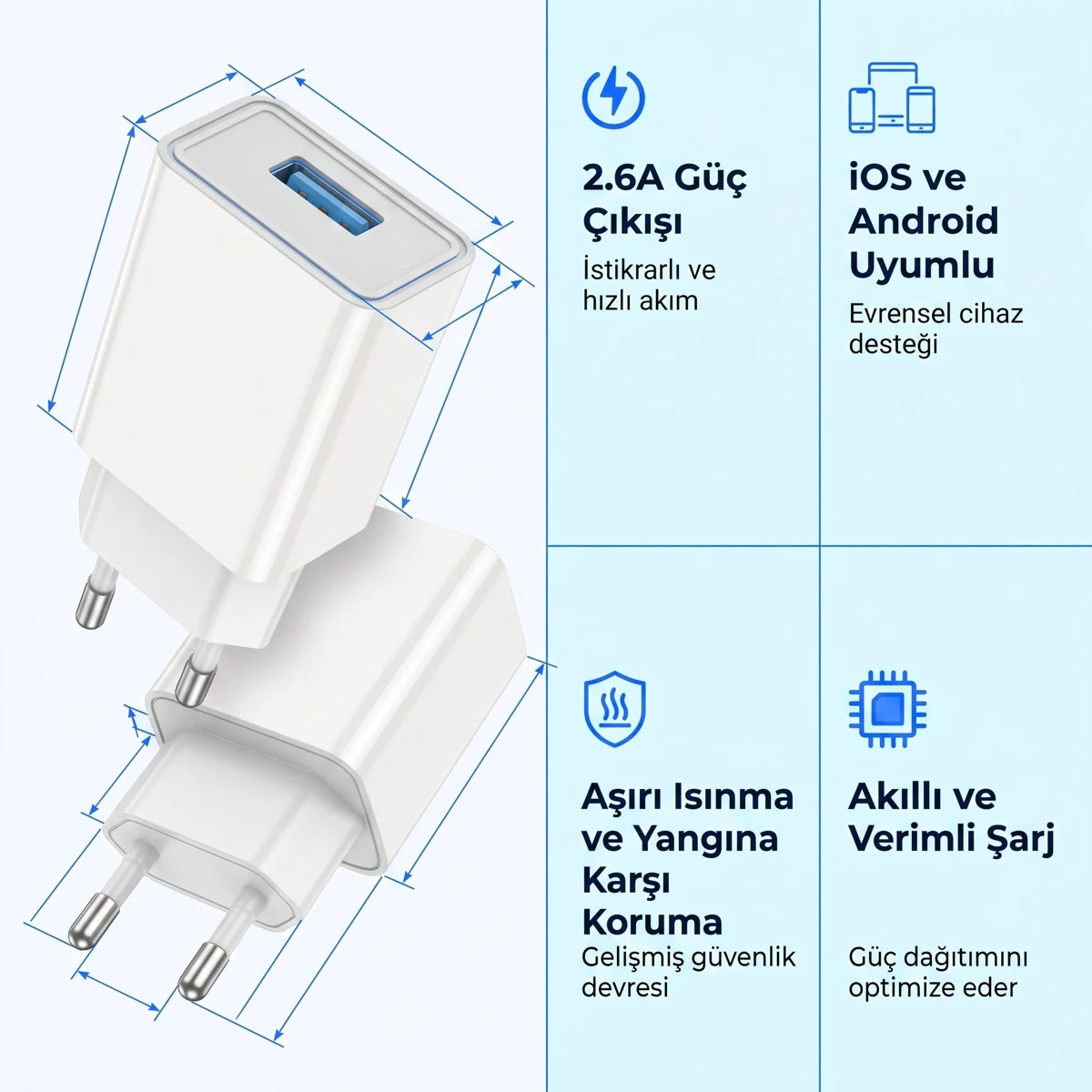 2.6A USB Sarj Adaptoru + Micro USB Sarj Kablosu (EU)
