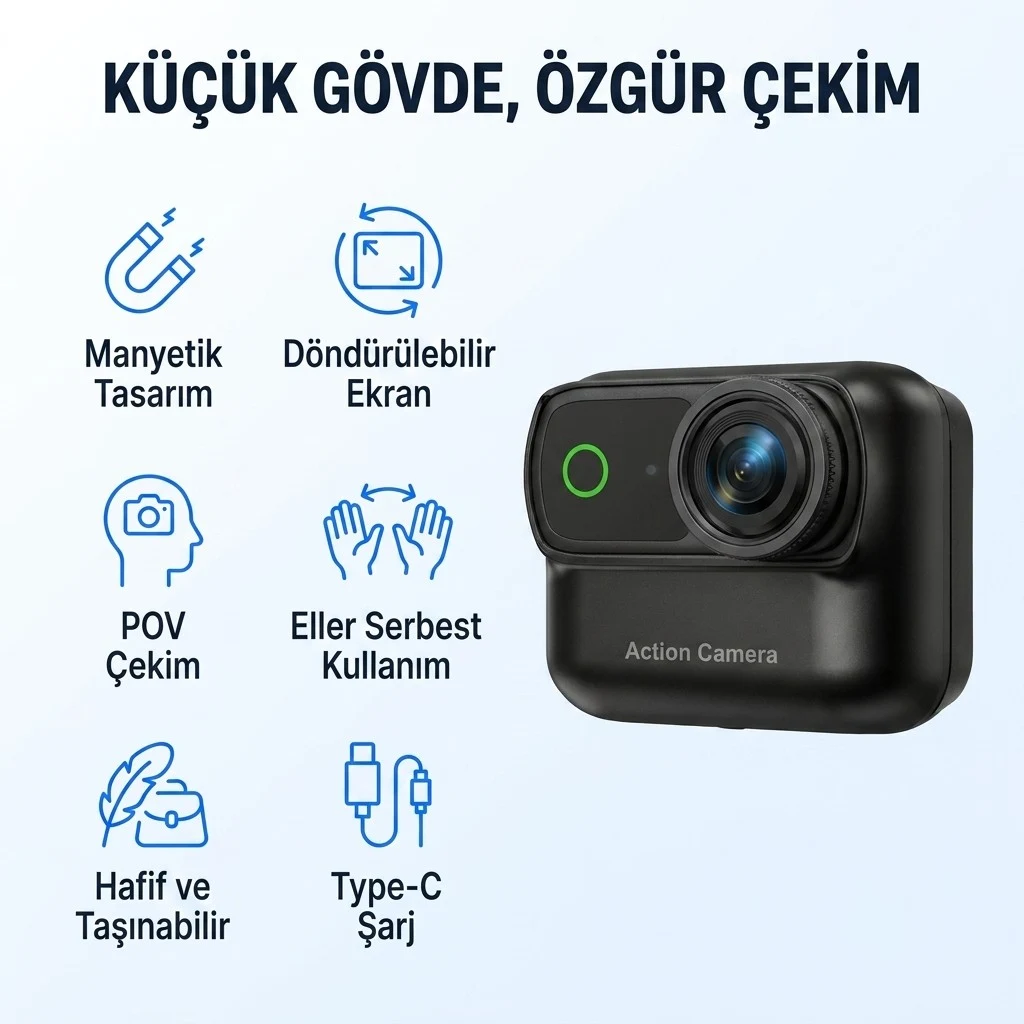 4K Ultra HD Hareketli Ekranlı Profesyonel Aksiyon Kamerası Manyetik Tutuş Flip Ekran Full Aparat