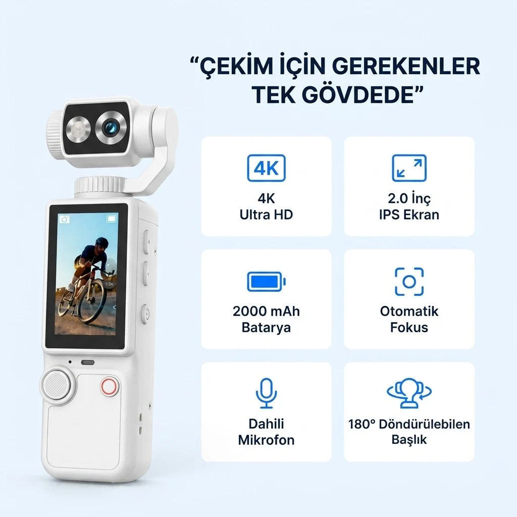 4K Ultra HD Mini Aksiyon Kamerası 2.0 inç Ekranlı Mikrofon Destekli Oto Fokus Özellikli 180° Döner Başlıklı Vlog