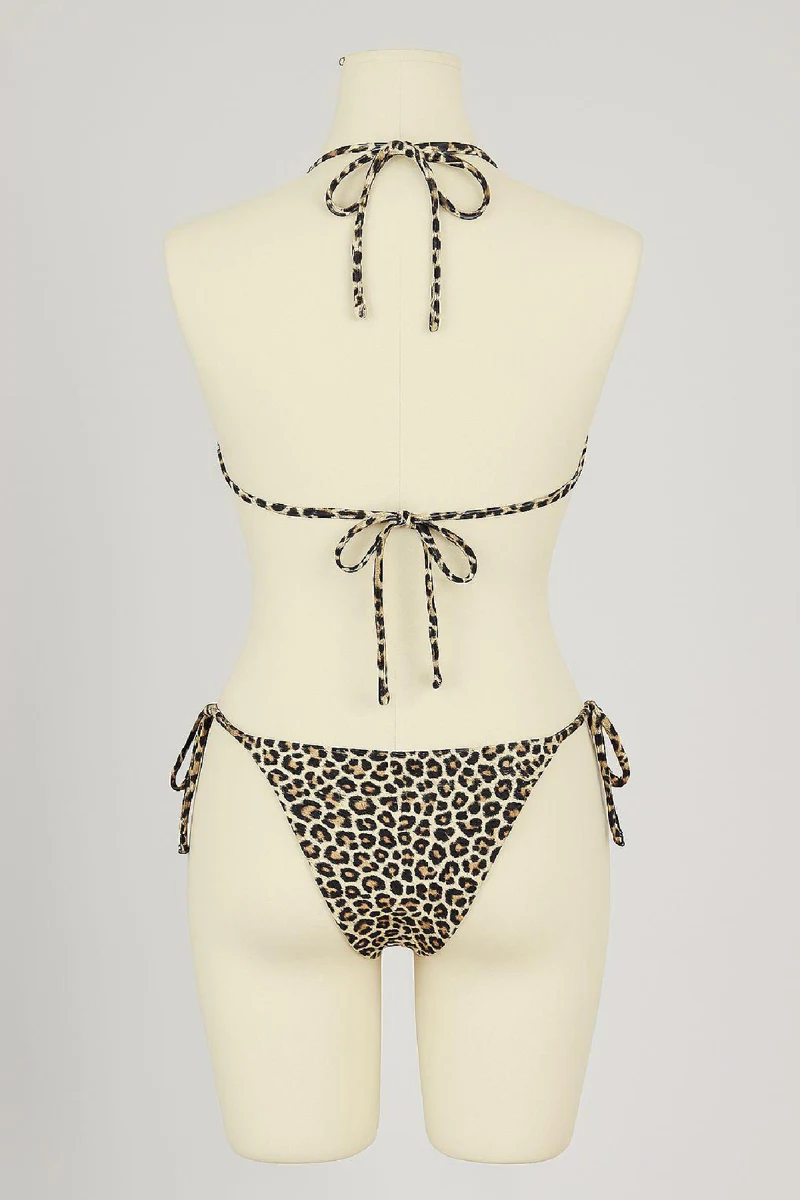 Kadın Siyah ve Leopar Detaylı Yandan Bağlamalı Bikini Takımı