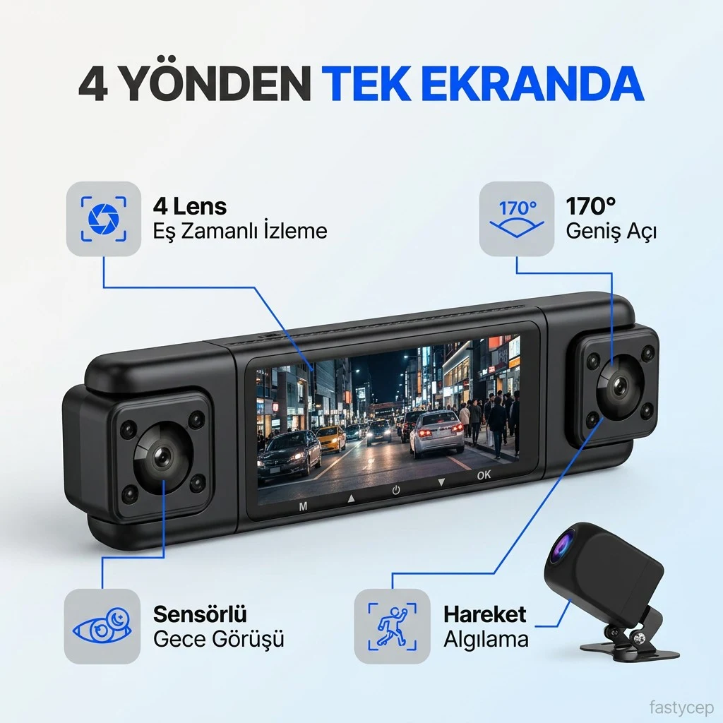 4 Lensli Full Hd 1080P 3.18" Ekran Araç İçi Kamera 4 Kamera Ayarlanabilir Açı Hareket Algılama