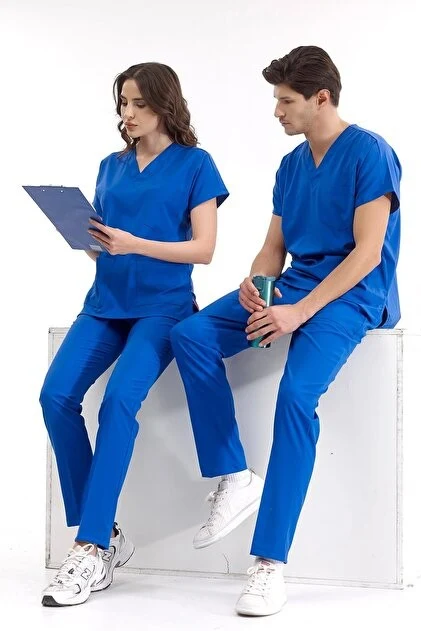 ÇİZGİ MEDİKAL Saks Mavisi Dr. Greys Doktor Hemşire Medikal Scrubs Takım Terikoton Kumaş