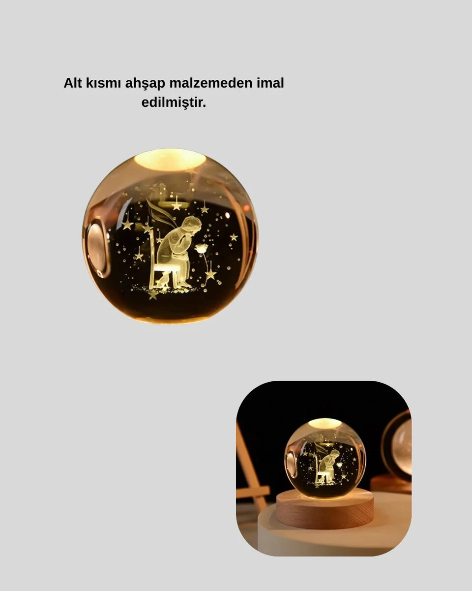 Küçük Prens Cam Küre USB Işıklı Ahşap Standlı Büyük Boy