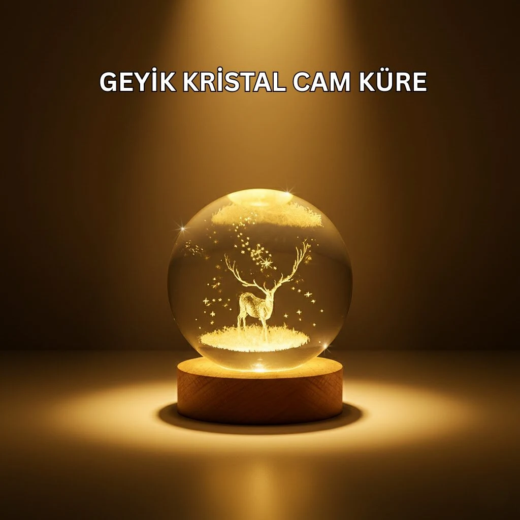 USB Bağlantılı Geyik Temalı Kristal Küre Premium Masa Gece Lambası