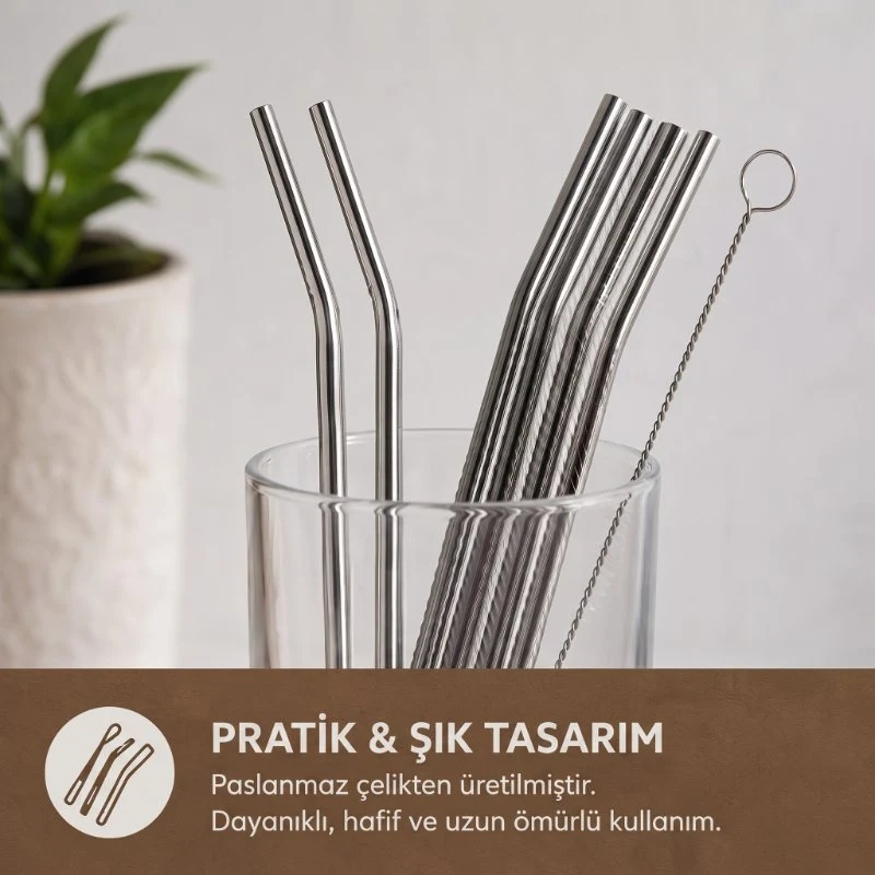 6'lı Kaşıklı Pipet Seti - Metal - Pipet Temizleme Fırçası