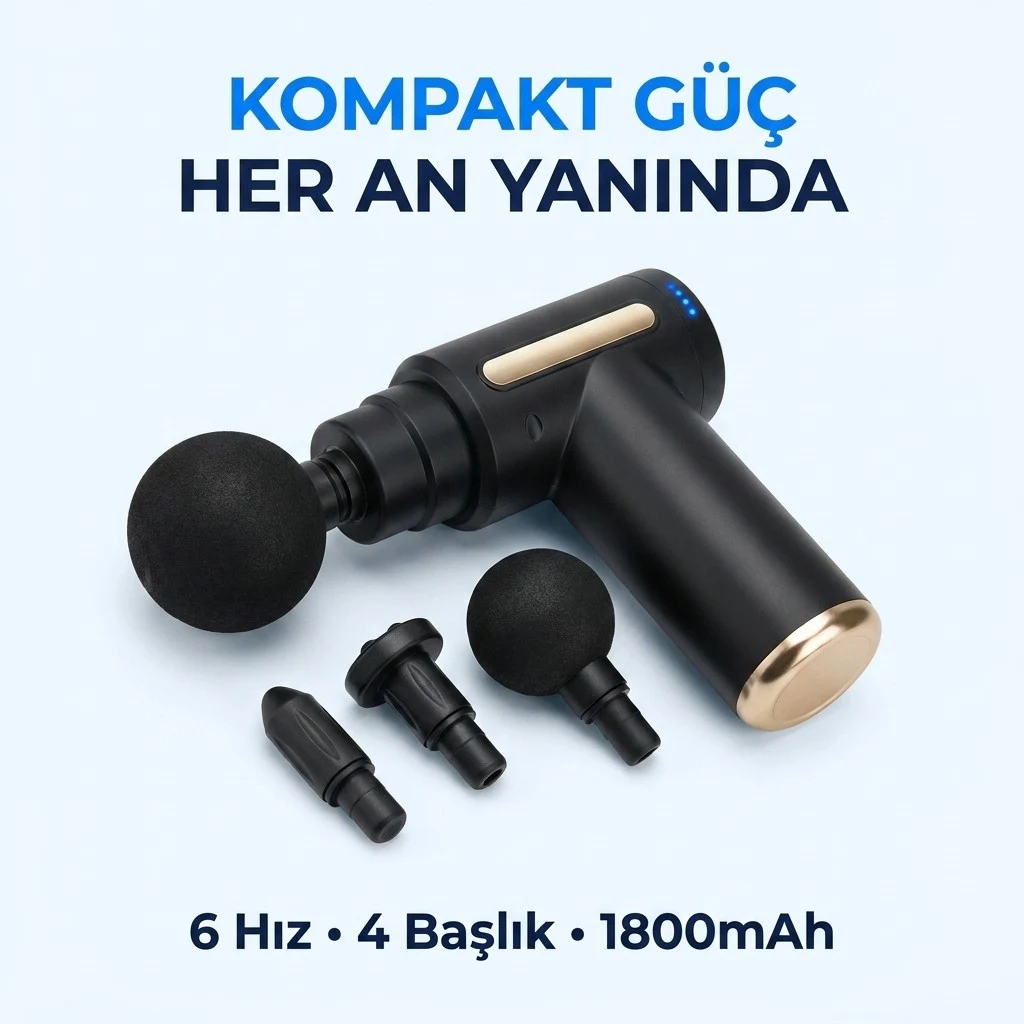 Darbeli Titreşim Şarjlı 4 Başlıklı Masaj Tabancası Rahatlatıcı Masaj Aleti Kas Sporcu Egzersiz Aleti
