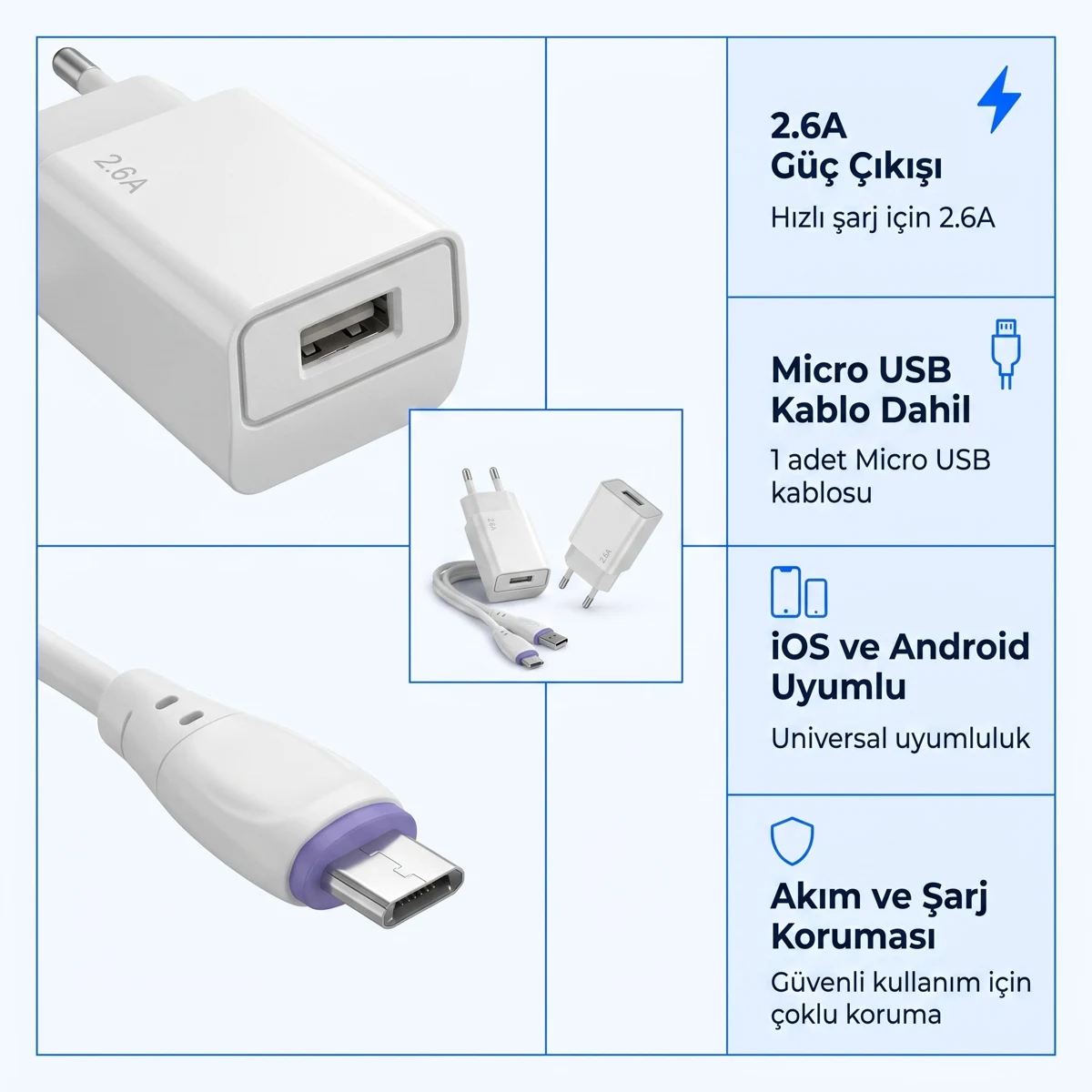 2.6A USB Sarj Adaptoru + Type-C Sarj Kablosu (EU)