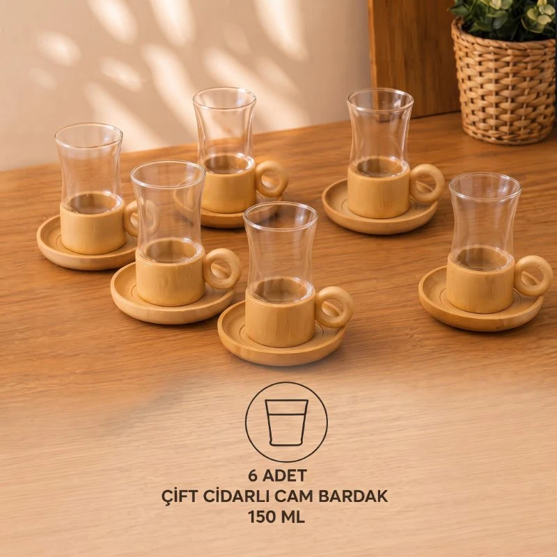 12 Parça Çay Seti - Bambu Bardak Altığı - Çift Cidarlı Cam - 150 ml
