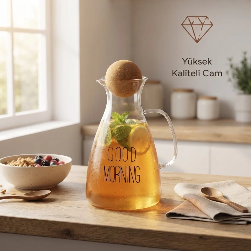 Yuvarlak Mantar Kapaklı Sürahi - 1500 ml - Yüksek Kaliteli Cam