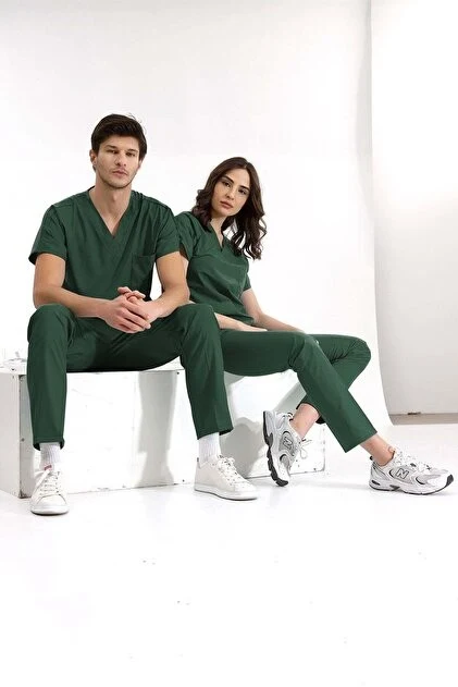 ÇİZGİ MEDİKAL Avcı Yeşili Dr. Greys Doktor Hemşire Medikal Scrubs Takım Terikoton Kumaş