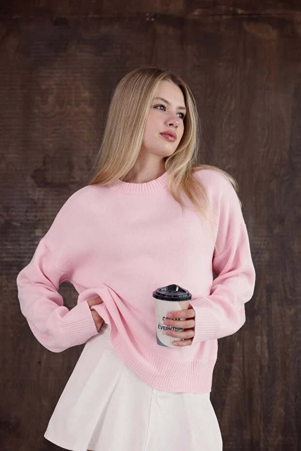MODASPARK Pembe Bisiklet Yaka Oversize Kadın Triko Kazak