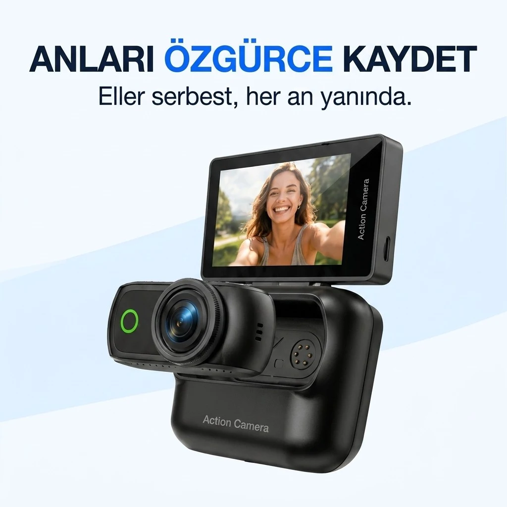 4K Ultra HD Hareketli Ekranlı Profesyonel Aksiyon Kamerası Manyetik Tutuş Flip Ekran Full Aparat