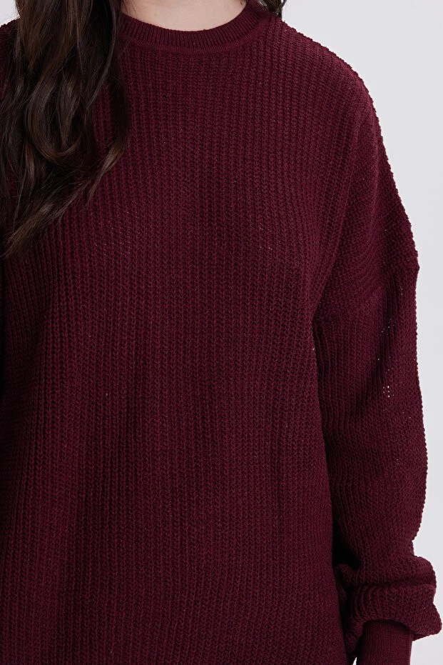 Tudors Kadın Oversize Geniş Kesim Örme Detaylı Bisiklet Yaka Bordo Kazak