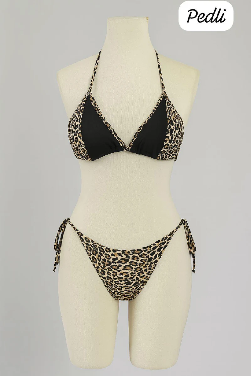 Kadın Siyah ve Leopar Detaylı Yandan Bağlamalı Bikini Takımı