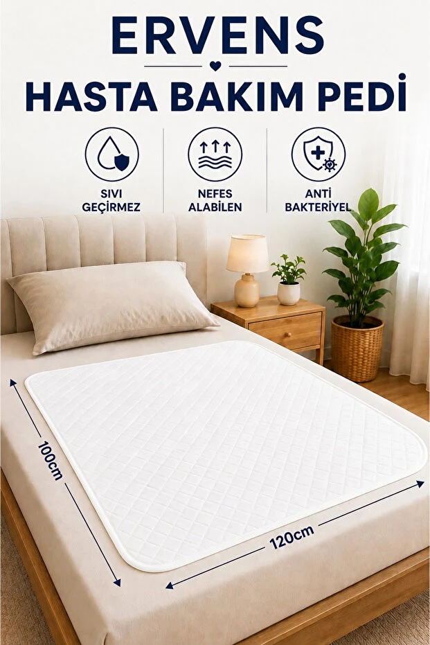 Ervens Home Yıkanabilir 100x120 cm Hasta Bakım Alt Pedi Sıvı Geçirmez Kapitoneli Yüksek Emicili Defalarca Kulanılabilen Ped Beyaz