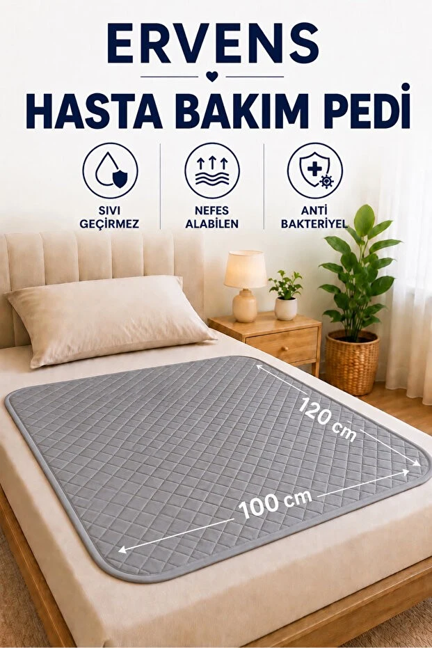 Ervens Home Yıkanabilir 100x120 cm Hasta Bakım Alt Pedi Sıvı Geçirmez Kapitoneli Yüksek Emicili Defalarca Kulanılabilen Ped Antrasit