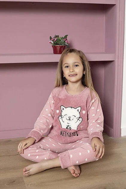 MODAREYA Kedi Aplikeli Nakışlı Polar Kız Çocuk Pijama Takımı