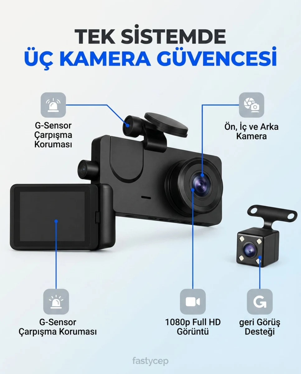 Üç Kameralı 1080 Full HD Araç İçi Kamera G-Sensor Özellikli Güvenlik Çözümü Geri Görüşlü