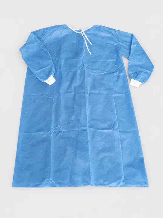 Blue disposable non-woven gown – long sleeves, neck ties and knit cuffs | Einwegkittel aus Vlies | Camice monouso in TNT