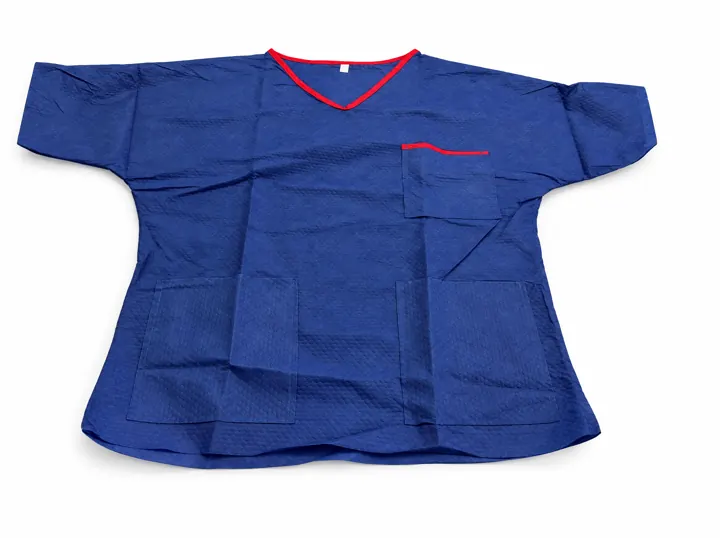 Navy disposable scrub top – red-piped V-neck and pocket | Marineblauer Einweg-OP-Kasack | Casacca monouso blu navy